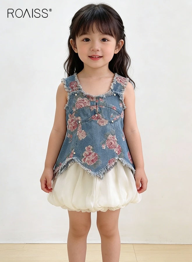 roaiss 2 Piece Comortable Clothing Set for Girls, Toddler Girls Camisole and Shorts Set, Stylish Summer Outfit with Sleeveless Floral Denim Top and Solid Short Pants - Image 1